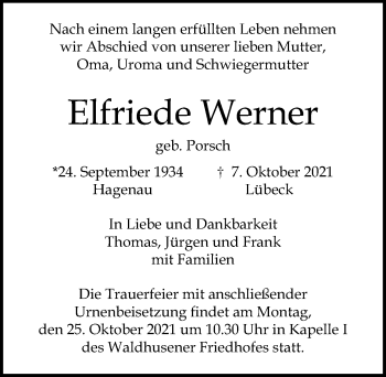 Traueranzeige von Elfriede Werner von Lübecker Nachrichten