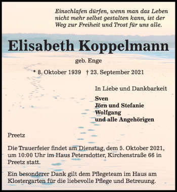 Traueranzeige von Elisabeth Koppelmann von Kieler Nachrichten