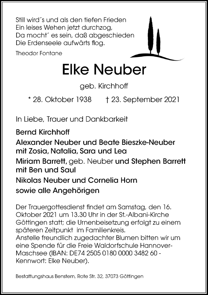  Traueranzeige für Elke Neuber vom 09.10.2021 aus Hannoversche Allgemeine Zeitung/Neue Presse