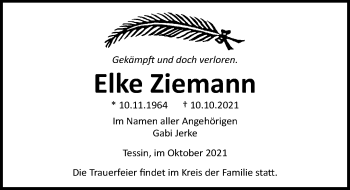 Traueranzeige von Elke Ziemann von Ostsee-Zeitung GmbH