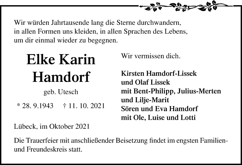  Traueranzeige für Elke Karin Hamdorf vom 17.10.2021 aus Lübecker Nachrichten