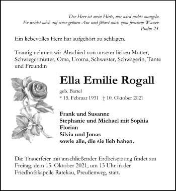 Traueranzeige von Ella Emilie Rogall von Lübecker Nachrichten