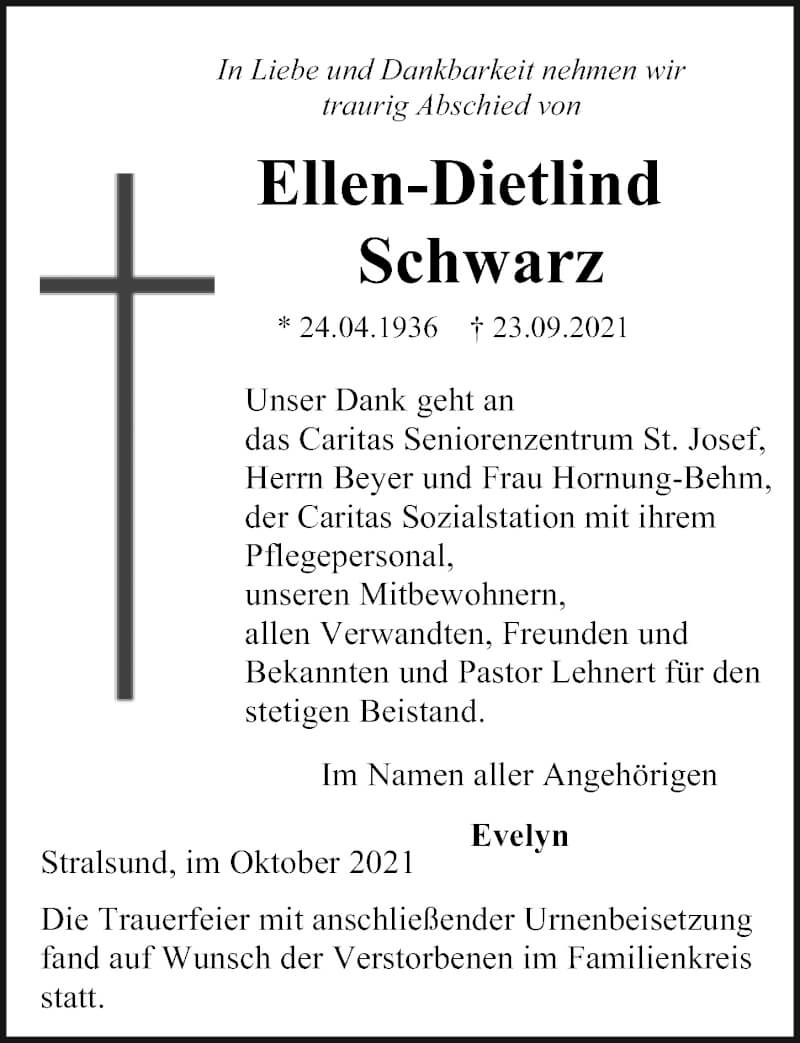  Traueranzeige für Ellen-Dietlind Schwarz vom 09.10.2021 aus Ostsee-Zeitung GmbH