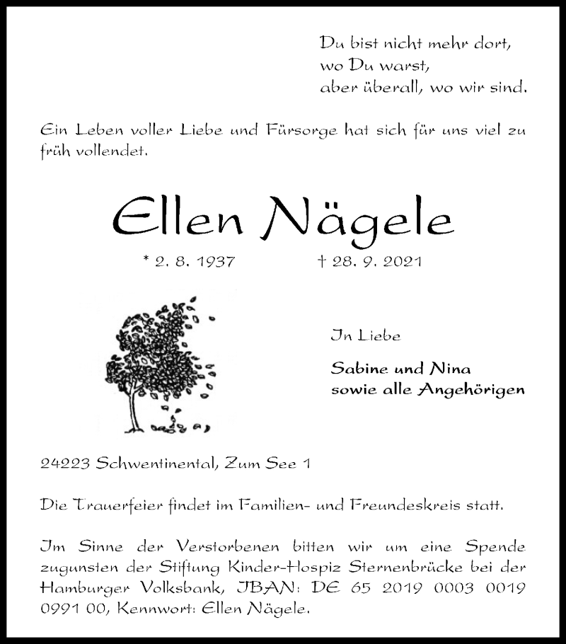  Traueranzeige für Ellen Nägele vom 16.10.2021 aus Kieler Nachrichten
