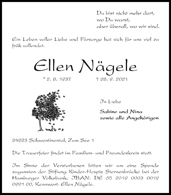 Traueranzeige von Ellen Nägele von Kieler Nachrichten