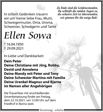 Traueranzeige von Ellen Sowa von Leipziger Volkszeitung