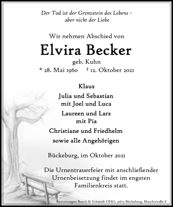 Traueranzeige von Elvira Becker von Schaumburger Nachrichten