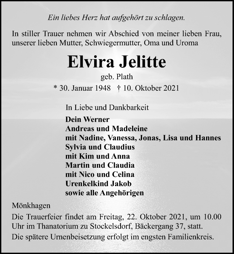  Traueranzeige für Elvira Jelitte vom 17.10.2021 aus Lübecker Nachrichten