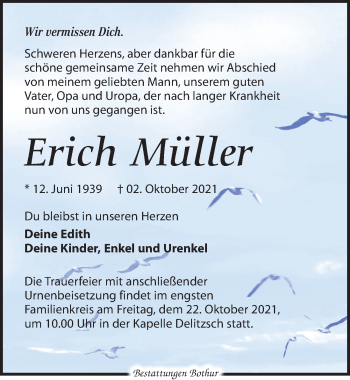 Traueranzeige von Erich Müller von Leipziger Volkszeitung