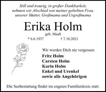 Traueranzeige von Erika Holm von Lübecker Nachrichten