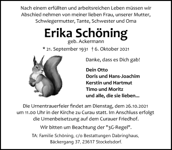 Traueranzeige von Erika Schöning von Lübecker Nachrichten