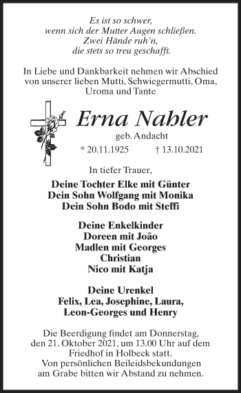 Traueranzeige von Erna Nahler von Märkischen Allgemeine Zeitung