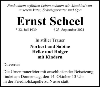 Traueranzeige von Ernst Scheel von Lübecker Nachrichten