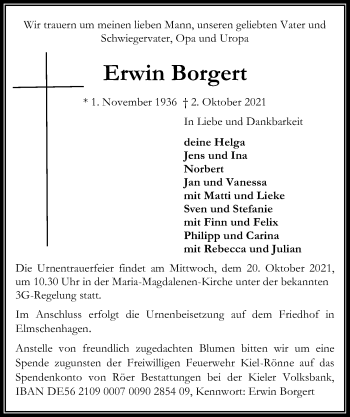 Traueranzeige von Erwin Borgert von Kieler Nachrichten