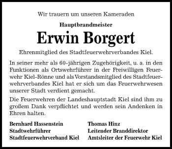 Traueranzeige von Erwin Borgert von Kieler Nachrichten