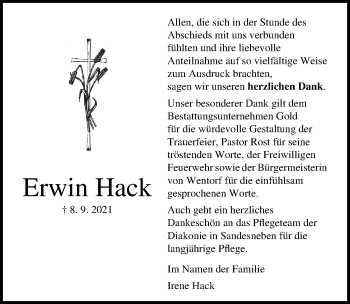 Traueranzeige von Erwin Hack von Lübecker Nachrichten