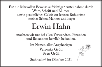 Traueranzeige von Erwin Hahn von Märkischen Allgemeine Zeitung
