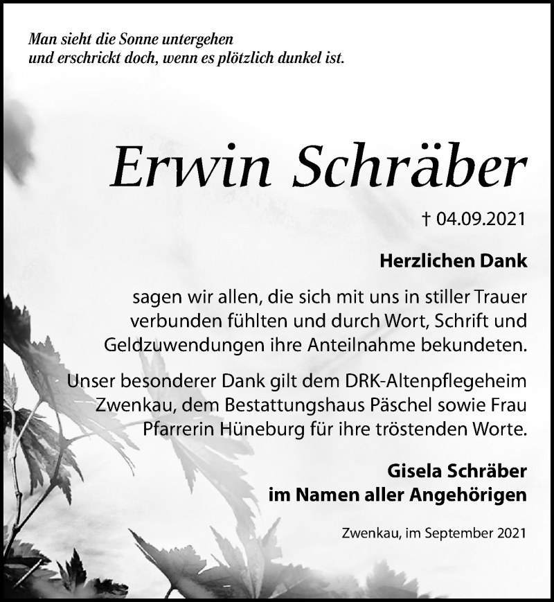  Traueranzeige für Erwin Schräber vom 02.10.2021 aus Leipziger Volkszeitung