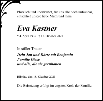 Traueranzeige von Eva Kastner von Ostsee-Zeitung GmbH