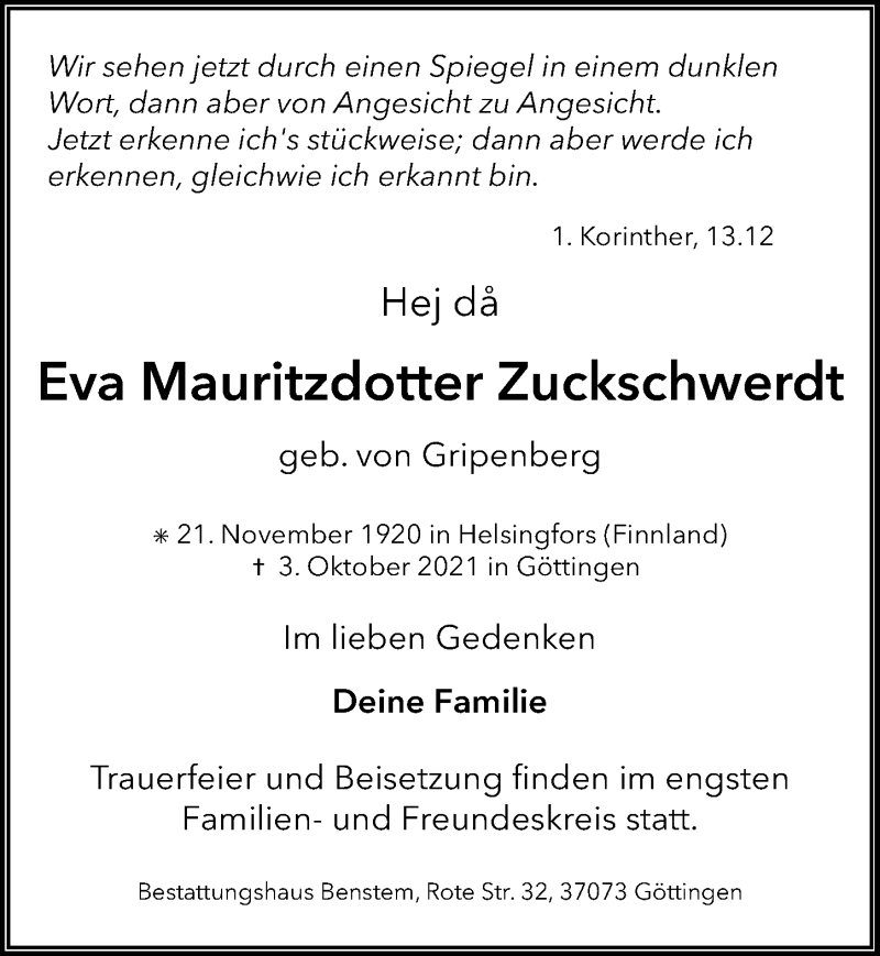  Traueranzeige für Eva Mauritzdotter Zuckschwerdt vom 09.10.2021 aus Göttinger Tageblatt