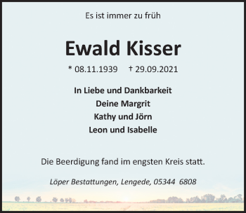 Traueranzeige von Ewald Kisser von Peiner Allgemeine Zeitung