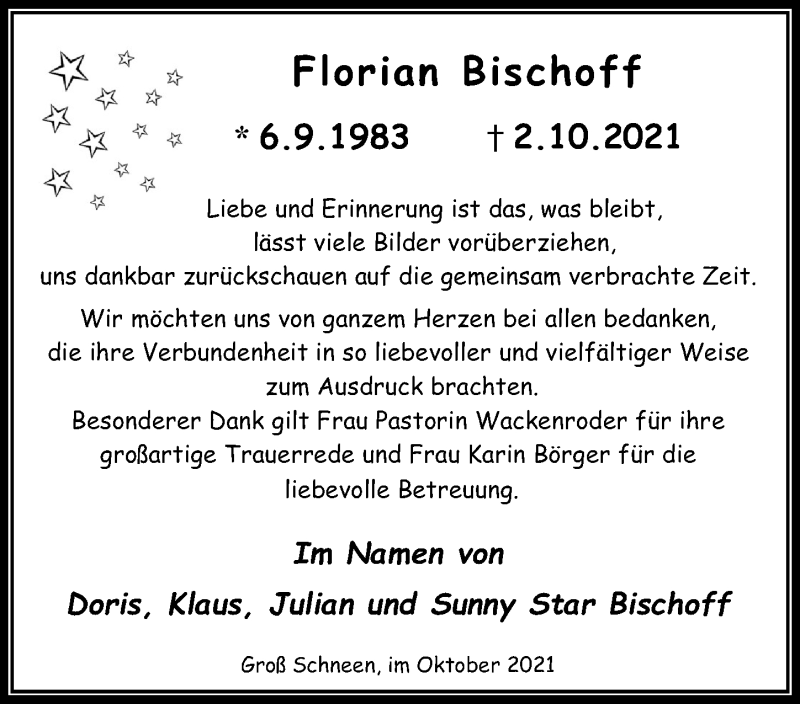  Traueranzeige für Florian Bischoff vom 30.10.2021 aus Göttinger Tageblatt