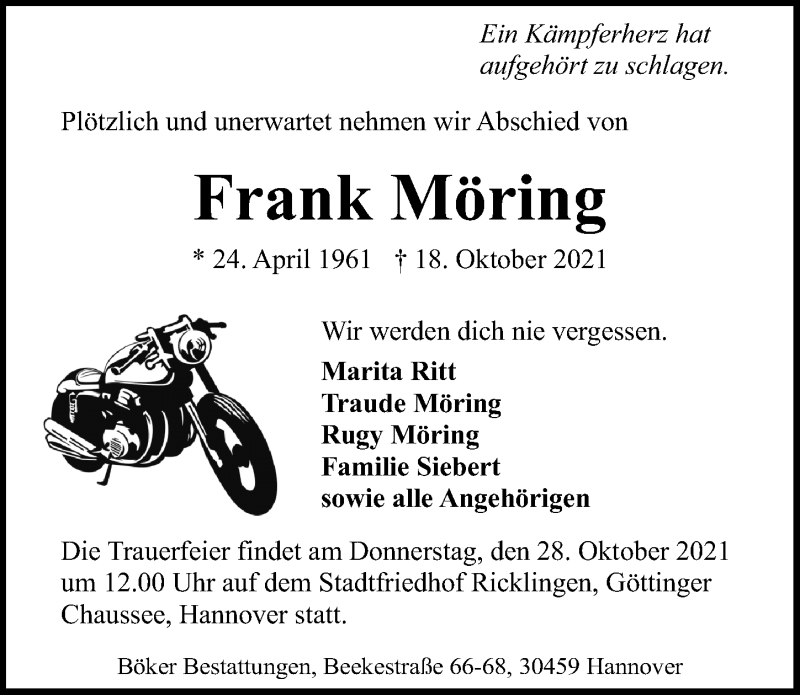  Traueranzeige für Frank Möring vom 23.10.2021 aus Hannoversche Allgemeine Zeitung/Neue Presse