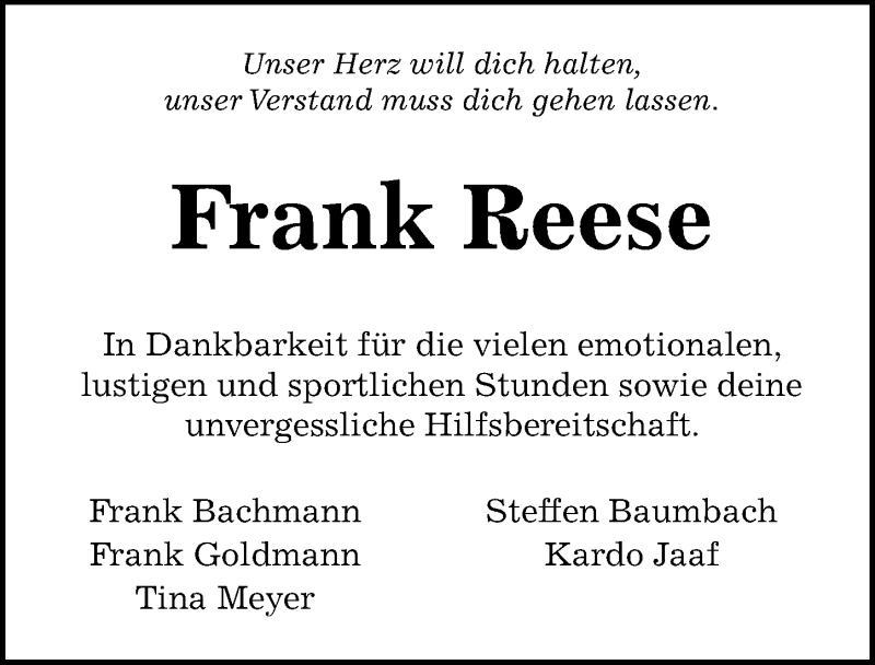  Traueranzeige für Frank Reese vom 09.10.2021 aus Göttinger Tageblatt