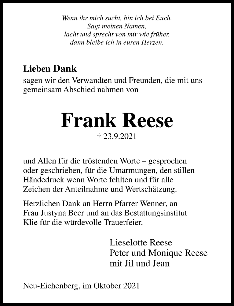  Traueranzeige für Frank Reese vom 23.10.2021 aus Göttinger Tageblatt
