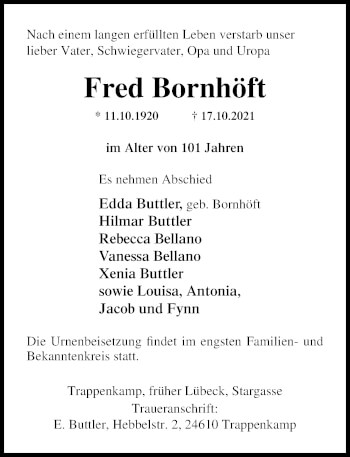 Traueranzeige von Fred Bornhöft von Lübecker Nachrichten
