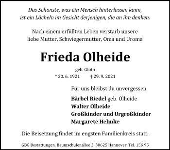 Traueranzeige von Frieda Olheide von Hannoversche Allgemeine Zeitung/Neue Presse