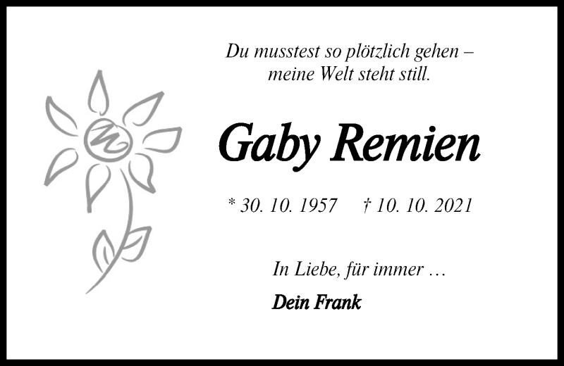  Traueranzeige für Gaby Remien vom 16.10.2021 aus Kieler Nachrichten