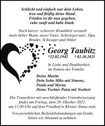 Traueranzeige von Georg Taubitz von Märkischen Allgemeine Zeitung