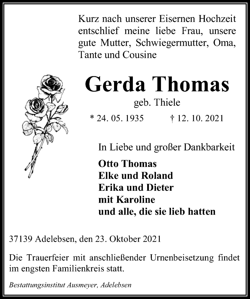  Traueranzeige für Gerda Thomas vom 23.10.2021 aus Göttinger Tageblatt