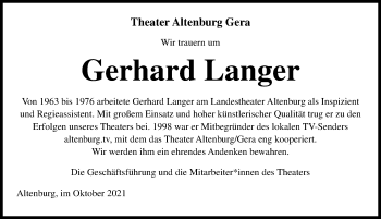 Traueranzeige von Gerhard Langer von Leipziger Volkszeitung