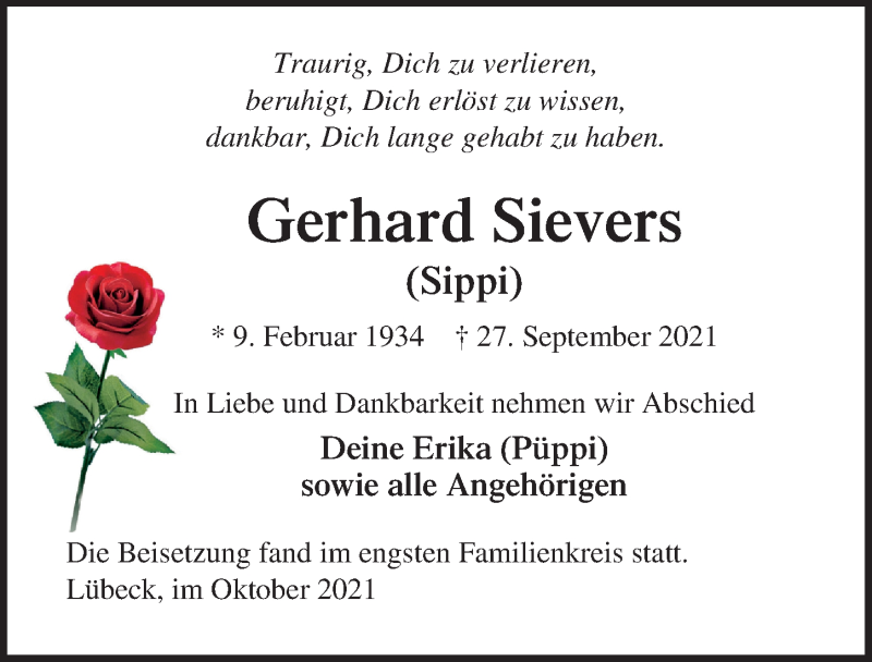  Traueranzeige für Gerhard Sievers vom 17.10.2021 aus Lübecker Nachrichten
