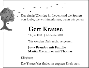 Traueranzeige von Gert Krause von Lübecker Nachrichten