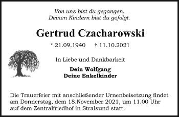 Traueranzeige von Gertrud Czacharowski von Ostsee-Zeitung GmbH