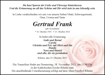 Traueranzeige von Gertrud Frank von Ostsee-Zeitung GmbH