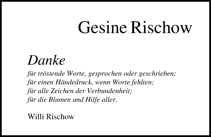  Traueranzeige für Gesine Rischow vom 30.10.2021 aus Ostsee-Zeitung GmbH