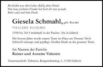 Traueranzeige von Giesela Schmahl von Lübecker Nachrichten