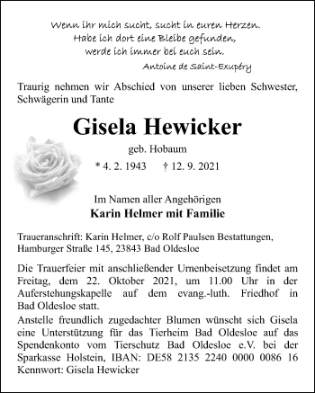 Traueranzeige von Gisela Hewicker von Lübecker Nachrichten