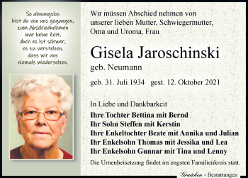 Traueranzeige von Gisela Jaroschinski von Leipziger Volkszeitung