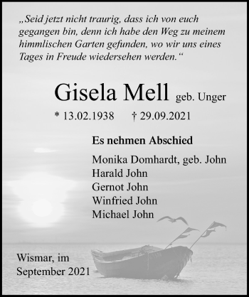 Traueranzeige von Gisela Mell von Ostsee-Zeitung GmbH