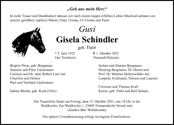 Traueranzeige von Gisela Schindler von Lübecker Nachrichten