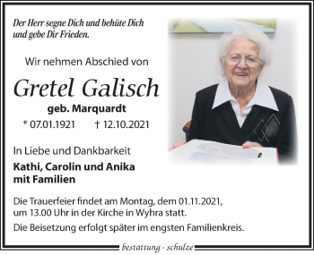 Traueranzeige von Gretel Galisch von Leipziger Volkszeitung