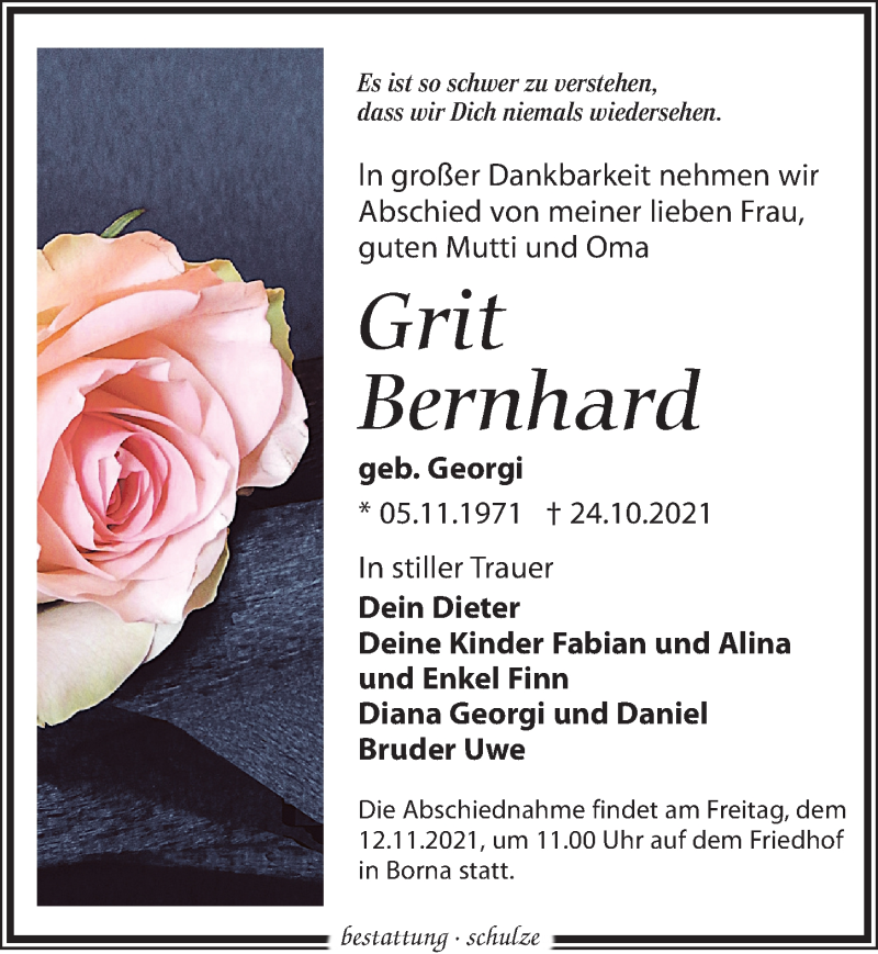  Traueranzeige für Grit Bernhard vom 30.10.2021 aus Leipziger Volkszeitung