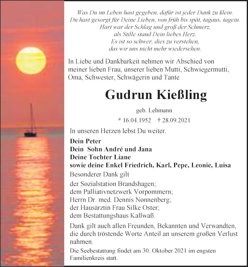  Traueranzeige für Gudrun Kießling vom 09.10.2021 aus Ostsee-Zeitung GmbH