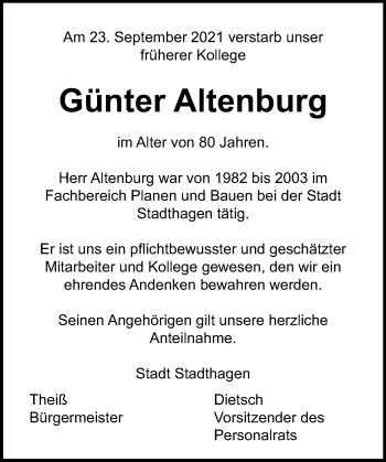Traueranzeige von Günter Altenburg von Schaumburger Nachrichten