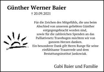 Traueranzeige von Günther Werner Baier von Lübecker Nachrichten